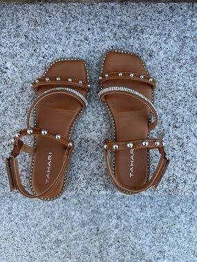 Tahari Brown Studded Rhinestone Strap Sandals